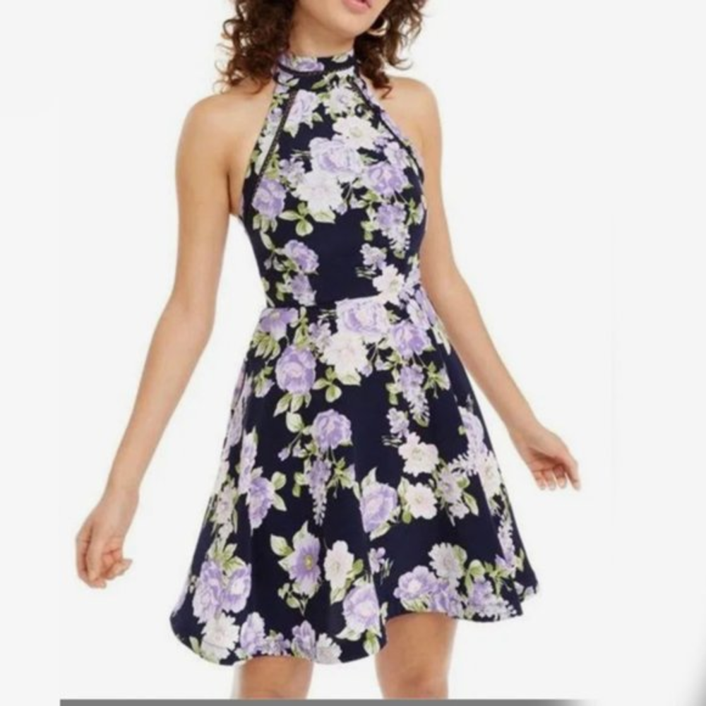 B. Darlin Floral Fit & Flare Dress High Neck Halter Sleeveless Size 3/4 Navy Blu